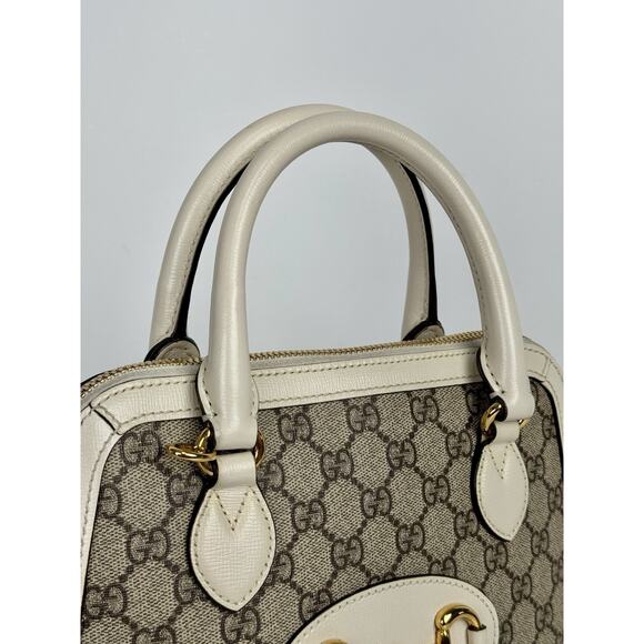 Gucci Horsebit 1955 Top Handle Bag in GG Canvas with White Leather Trim D-9 - Picture 4 of 16